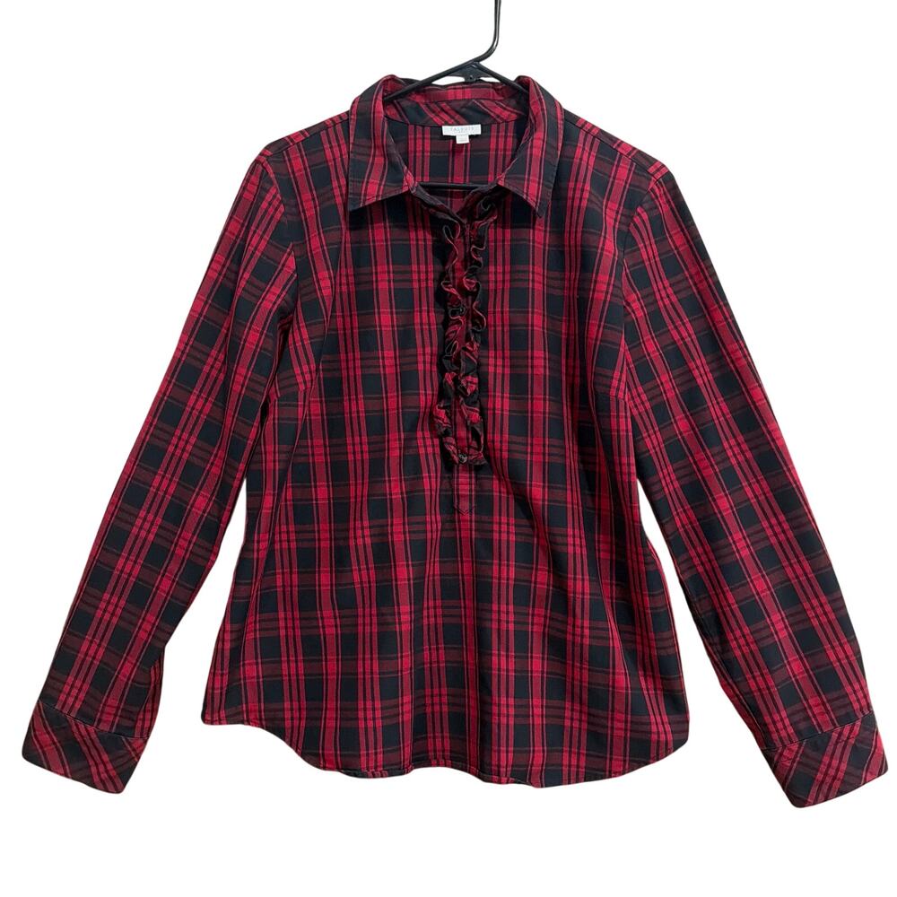 Talbots Womens Shirt Red Black Plaid Henley Long Sleeve Ruffle Stretch Large